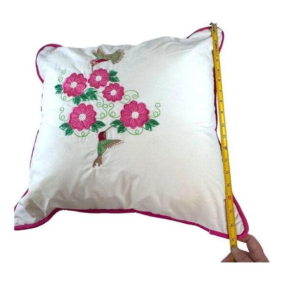 Hummingbird Vintage Square Embroidered Throw Pillow Cottage Hummingbirds Flowers - Picture 5 of 5